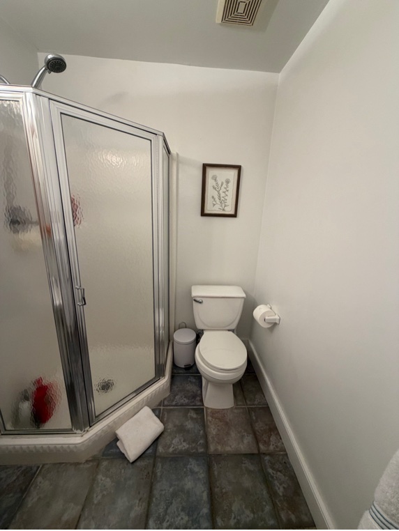 Bathroom before renovation, showing corner shower and toilet